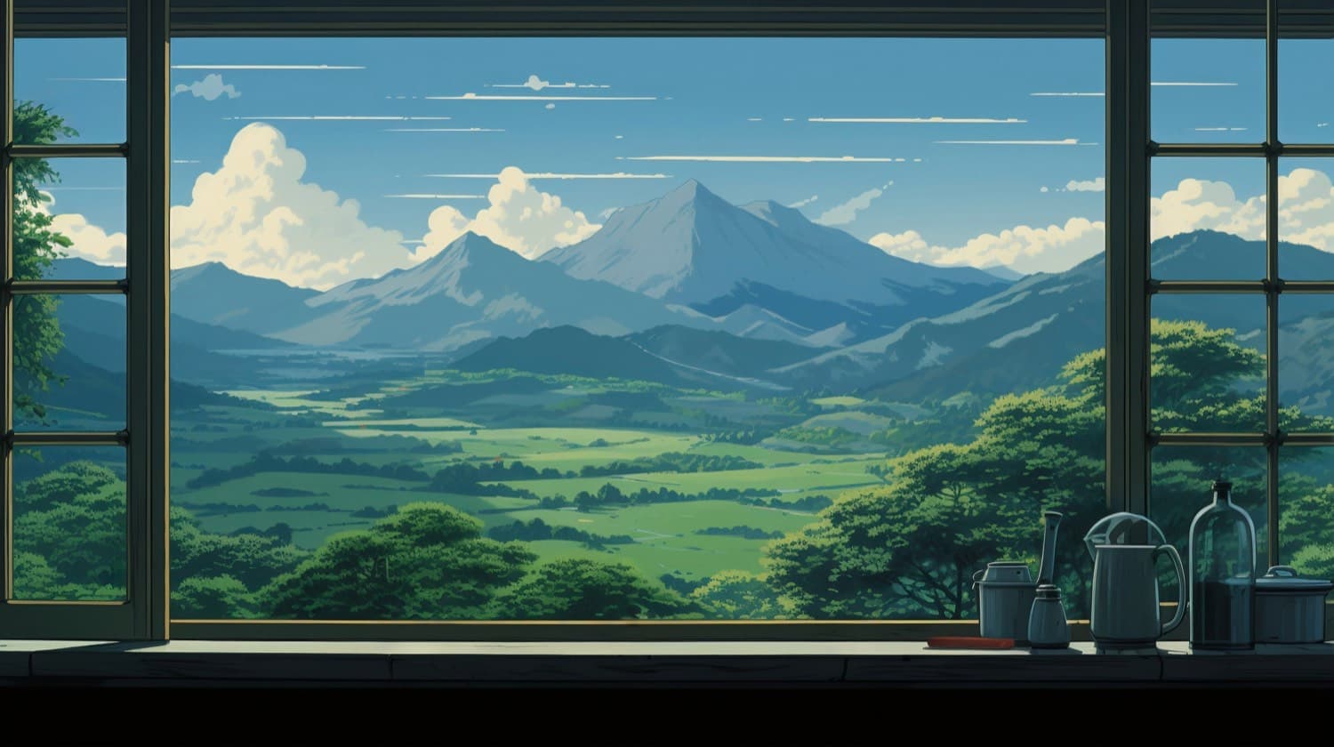 Mountain valley viewed through a window