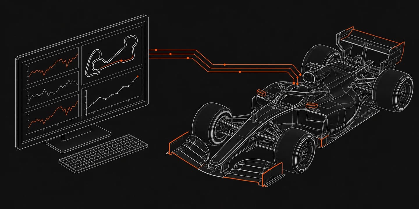 Isometric Formula 1 car connected to a computer displaying circuit and telemetry graphs
