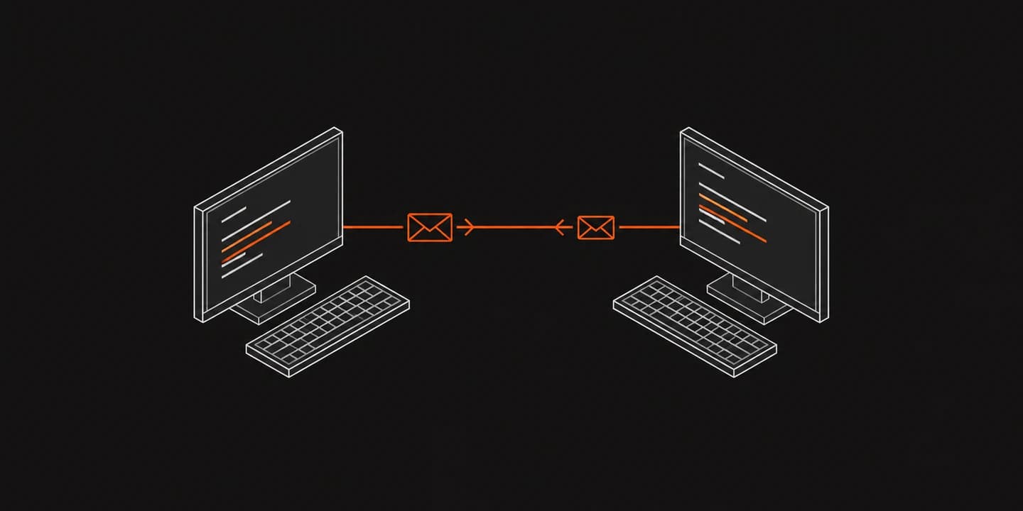 Two isometric computers exchanging messages over an orange connection