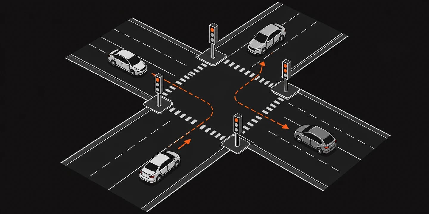 Isometric intersection with four cars, traffic signals, and orange routing arrows